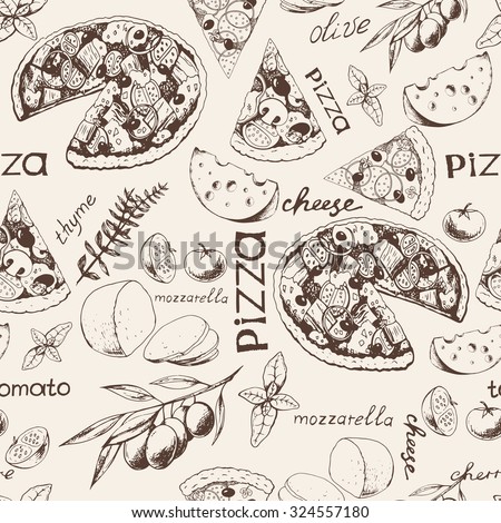 Seamless vintage pattern with italian food, pizza and ingredients, hand-drawn vector illustration.