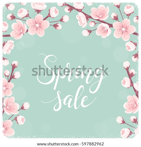 Template with cherry blossom, spring flowers. Spring sale lettering. Retro vector illustration. Bokeh background. Invitation, banner, card, poster, flyer