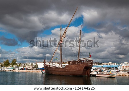 A replica of the caravel of explorer Christoffer Columbus that is laying in the harbor of Lagos in Portugal
