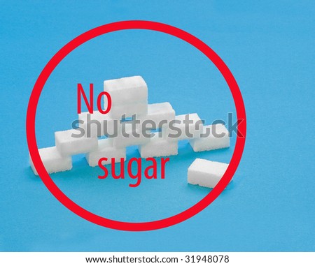 Sugar lumps or cubes on a blue background with illustration text: no sugar