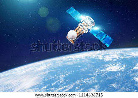 Research, probing, monitoring of in atmosphere. Communications satellite in orbit above the surface of the planet Earth. Elements of this image furnished by NASA