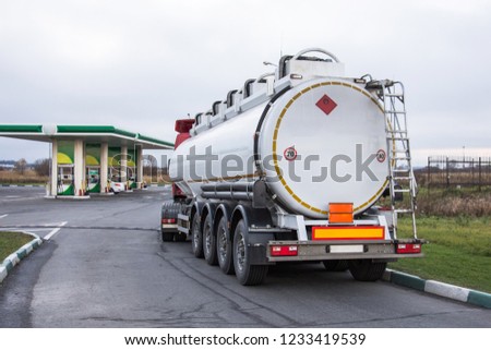 Truck with gasoline tank fuel before unloading at a gas station
