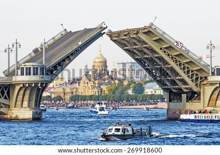 St. Petersburg summer people bridge river Neva church ship