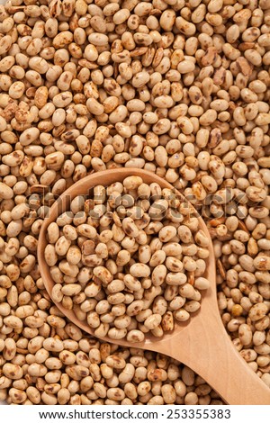 Soy background with large spoon full with seeds. Raw organic food full of good nutrients.