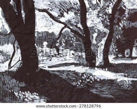 Summer walks in the woods. Illustration by hand drawing./The Forest./Quiet place in the woods.