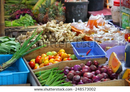 Local market with fruits and vegetables in Asia