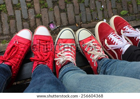 Red sneakers view from above, wonderful ladies day, Amsterdam town, Netherlands