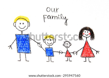 Our family - me, dad, mum and sister, colorful children drawing
