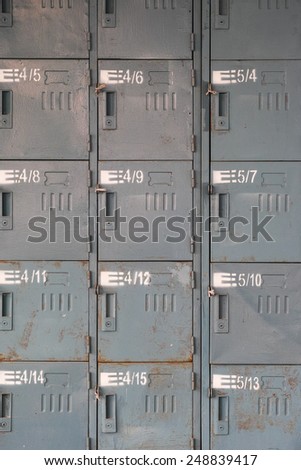 Factory employees\' old grey rusty lockers