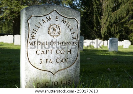 GETTYSBURG, PA -September 13, 2012:Gravestone of Union Civil War soldier William E. Miller, Medal of Honor recipient, in the Gettysburg Soldiers National Cemetery at Gettysburg, PA.