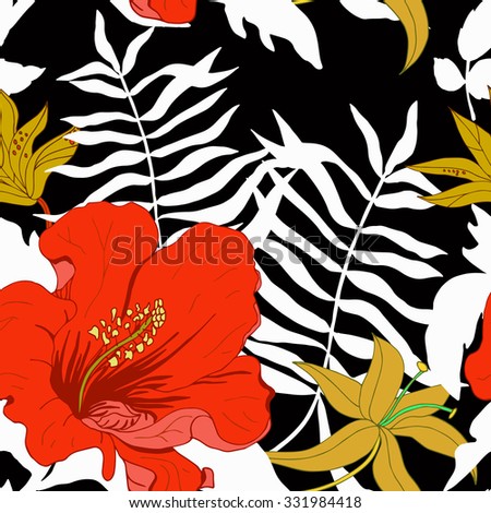 Abstract seamless pattern with red isolated flowers, yellow and white leaves on dark blue background. Vector illustration.