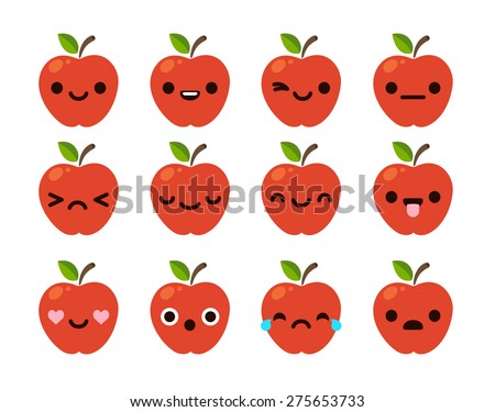 Set of 12 modern flat emoticons: cute cartoon red apple with different emotions.