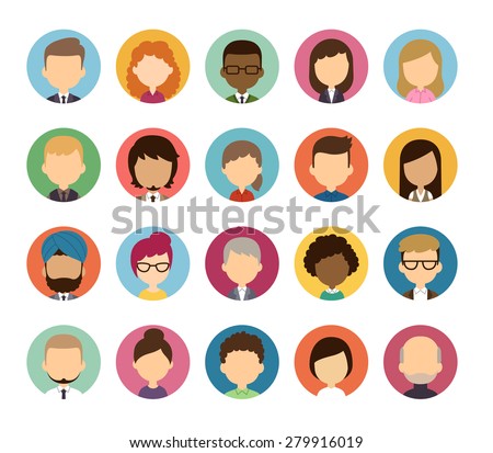Set of diverse round featureless avatars isolated on white background. Different nationalities, clothes and hair styles. Cute and simple flat cartoon style.