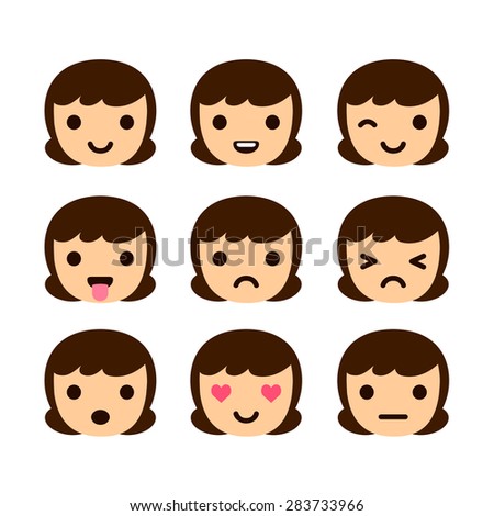 Set Of 9 Human Emoticons. Very Simple But Expressive Cartoon Female