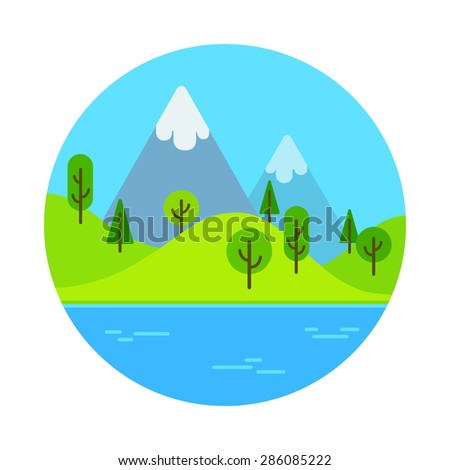 Flat cartoon landscape scene with mountain near lake.