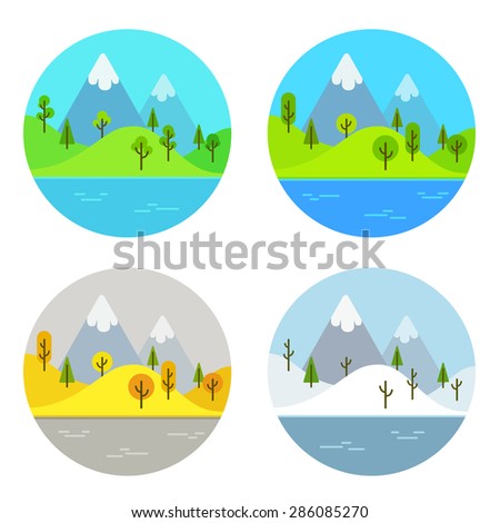 Simple flat cartoon landscape scene in four different seasons of the year.
