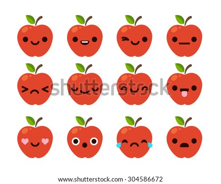 simple flat emoticon set: cute cartoon red apple with different emotions.