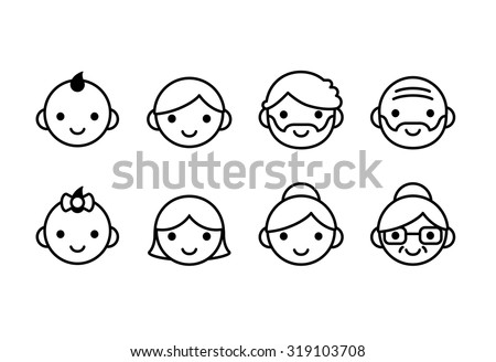 People ages icons, male and female, from young to old. Cute and simple line con set.