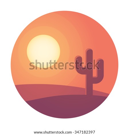 Flat cartoon desert sunset landscape with cactus in circle. Background vector illustration.