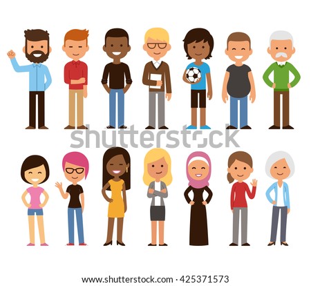 Diverse set of cartoon people. Men and women of all ages and lifestyles. Cute geometric flat style.