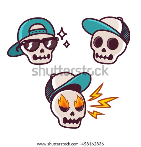 Set of funny cartoon skull character in baseball cap. Cool skull with sunglasses and angry with flame in eyes. Sticker collection.