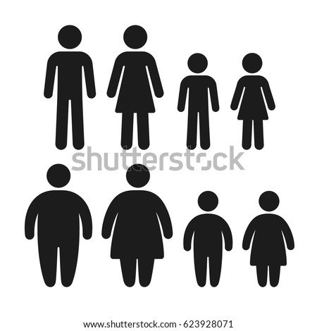 Healthy weight and obese people icon set. Man, woman and children, overweight family problem. Simple flat vector symbols.