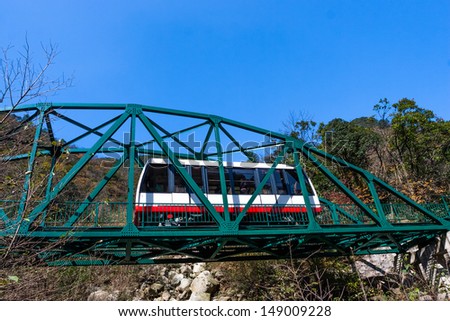 Scenic Train go through the mountain at lushan china.