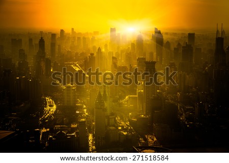 shanghai skyline in sunrise, landscape of city.
