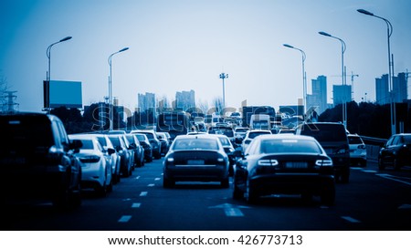 traffic jam on highway,shanghai china.blue toned image.