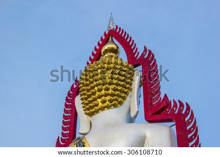 Viewed from behind buddha meditation large statue  in Temple at Bangkok