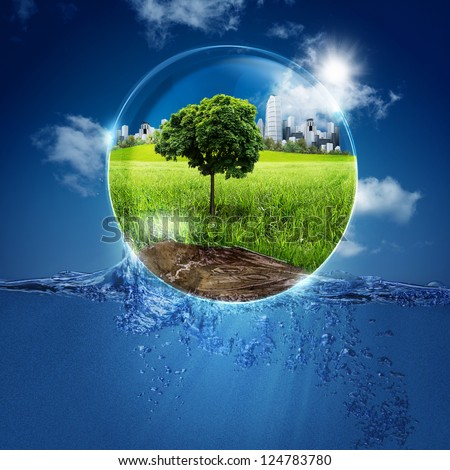 Green World Into The Bubble. Abstract Natural Backgrounds For Your Design