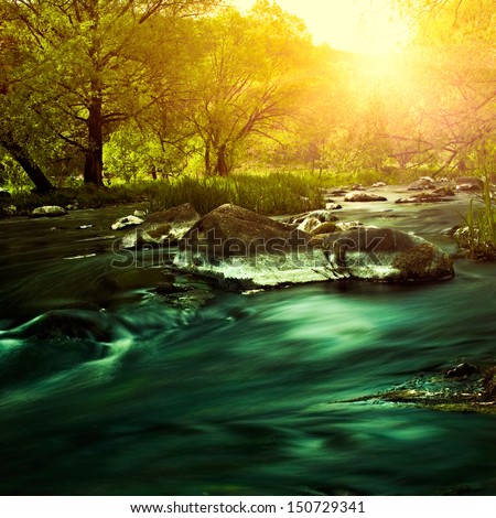 Sunset on the mountain river, environmental backgrounds