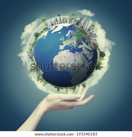 Female hand hold 3D rendered Earth globe. Environmental backgrounds, eco concept