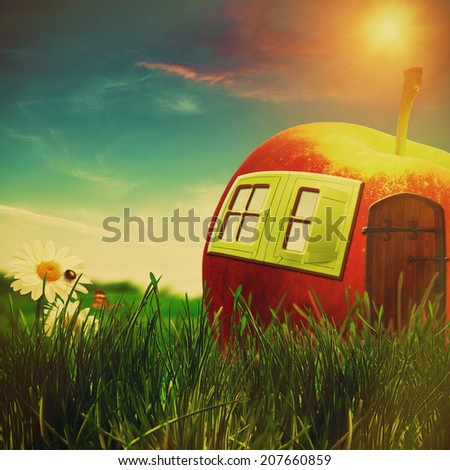 funny farm. abstract fantastic landscape with apple house and beauty flowers