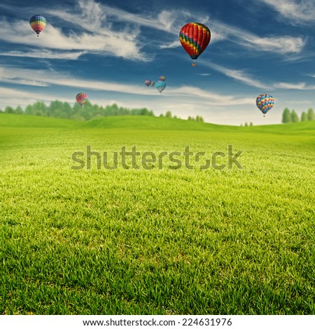 Summer field with lot of air balloons over horizon, abstract landscape
