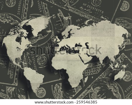 Grungy financial background from hundred bucks banknotes and Earth map