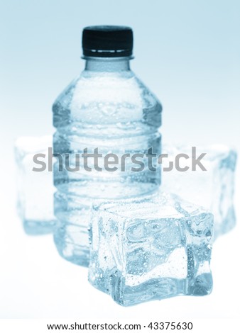 Healthy spring water in the bottle with ice cubes