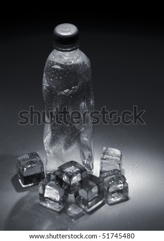 Spring water in the bottle with ice cubes with water drops