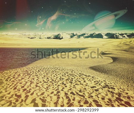Fantastic backgrounds with another planet on the skies and dry desert