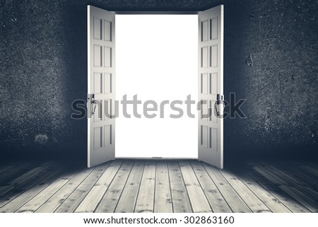 Opened door. Abstract interior backgrounds with wooden floor and concrete wall
