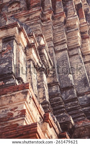 Closeup of ancient brick walls in Ayutthaya temple, Thailand. Perfect ancient geometry.
