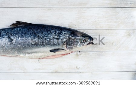Overview view of salmon fillet on white wooden table. Vegetarian or paleo food concept.