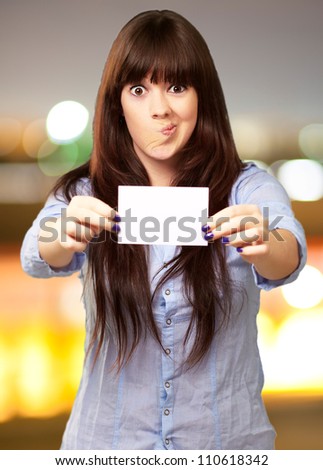 Funny Girl Showing Blank Paper, Outdoor