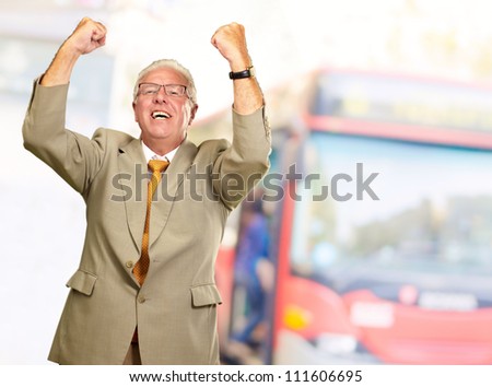 Senior Business Man Cheering, Outdoor