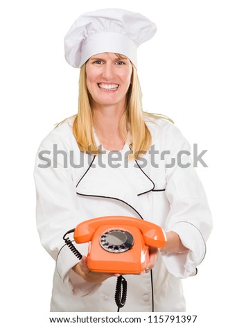 Female Chef Holding Telephone On White Background