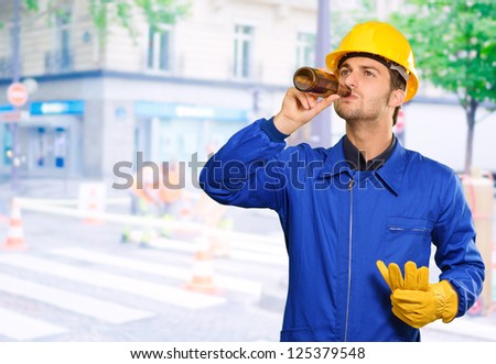 Portrait Of Thirsty Engineer, Outdoors