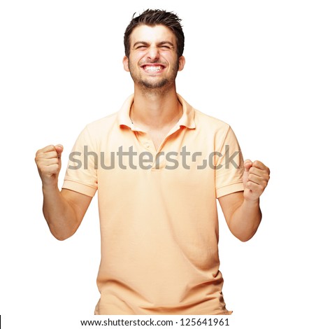 Portrait Of  Smiling Man With The Fists Up Against A White Background - stock photo