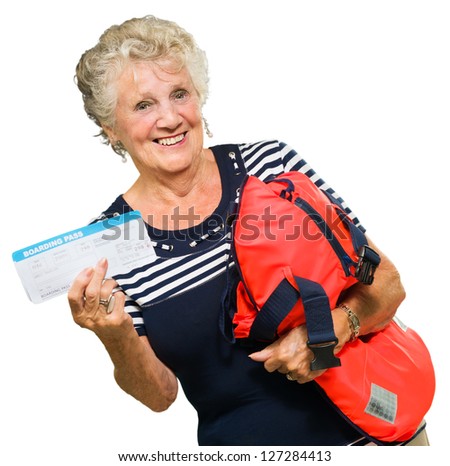 Mature Woman Holding Boarding Pass And Bag On White Background