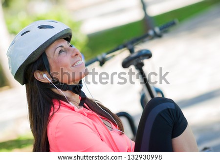Happy Sporty Woman Listening To Music, Outdoors