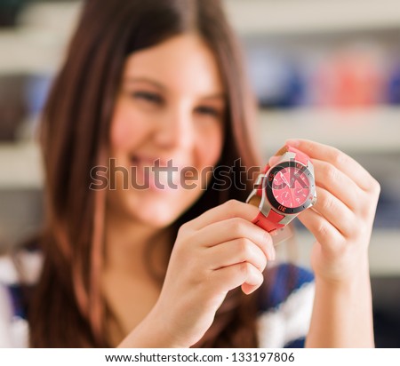 Happy Woman Buying New Wristwatch, Indoors